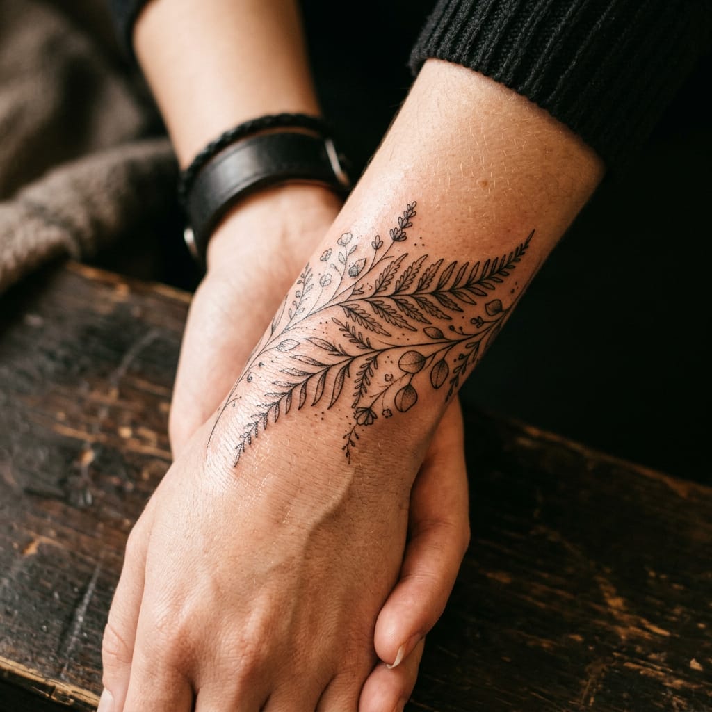Tattoo portfolio piece — fine line botanical