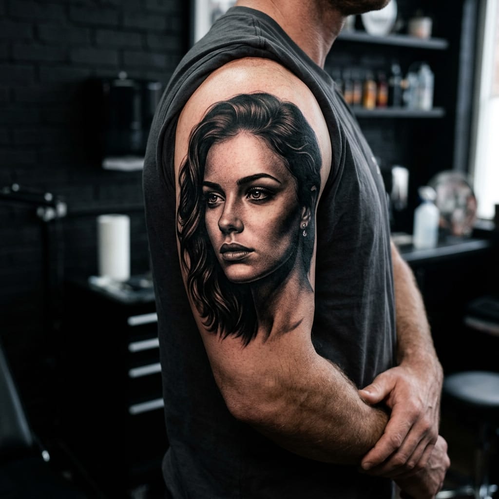 Tattoo portfolio piece — black and grey portrait